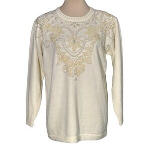 Vintage Alfred Dunner Cream Pullover Elaborate Embellished Yoke Sweater PM
